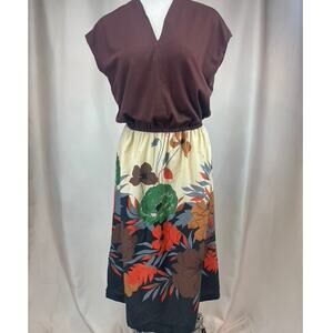 VTG MELISSA LANE 80s Brown Floral Midi Dress Womens (L) Boho Resortcore Tropical